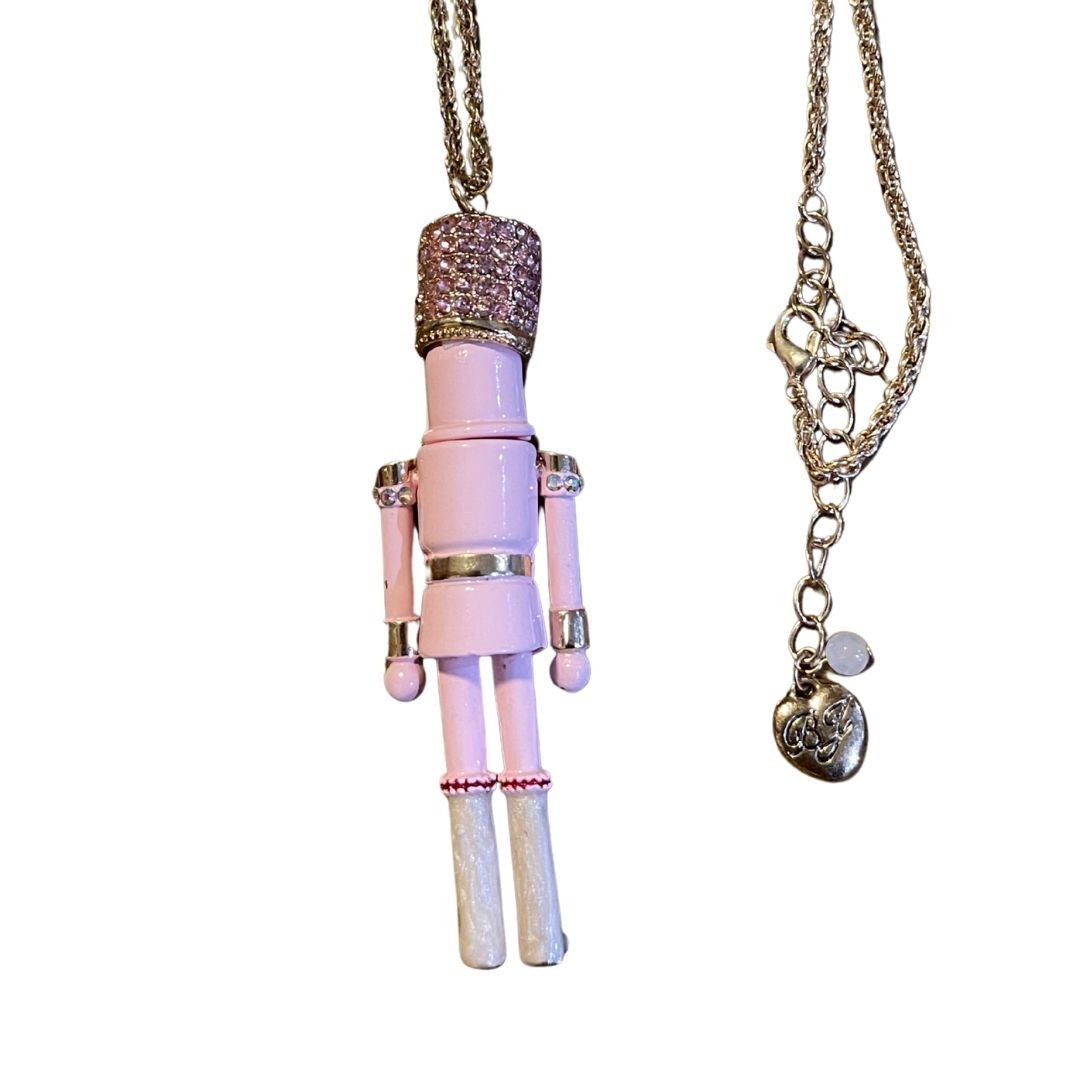 Betsey Johnson Nutcracker Pendant Necklace Pink Rhinestone Christmas whimsical