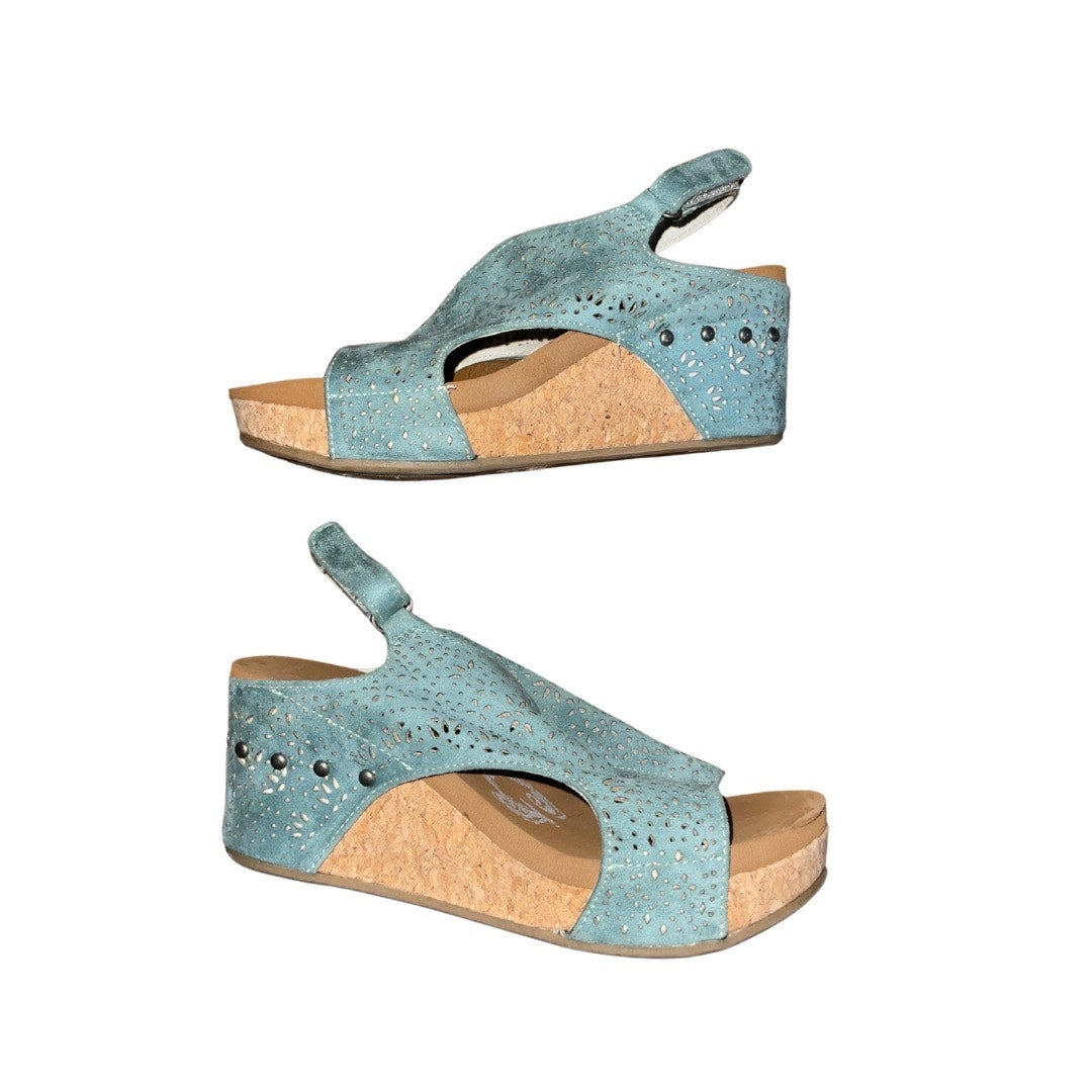 Very G. Free Fly 3 Wedges Turquoise Cork Heel Size 8 Artsy Boho Chic Spring