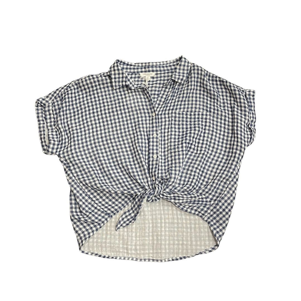 NWT Beachlunchlounge Rosie navy white gingham button down shirt Tie front waist