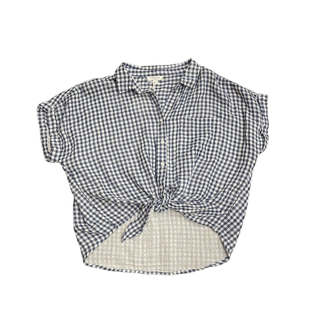 NWT Beachlunchlounge Rosie navy white gingham button down shirt Tie front waist