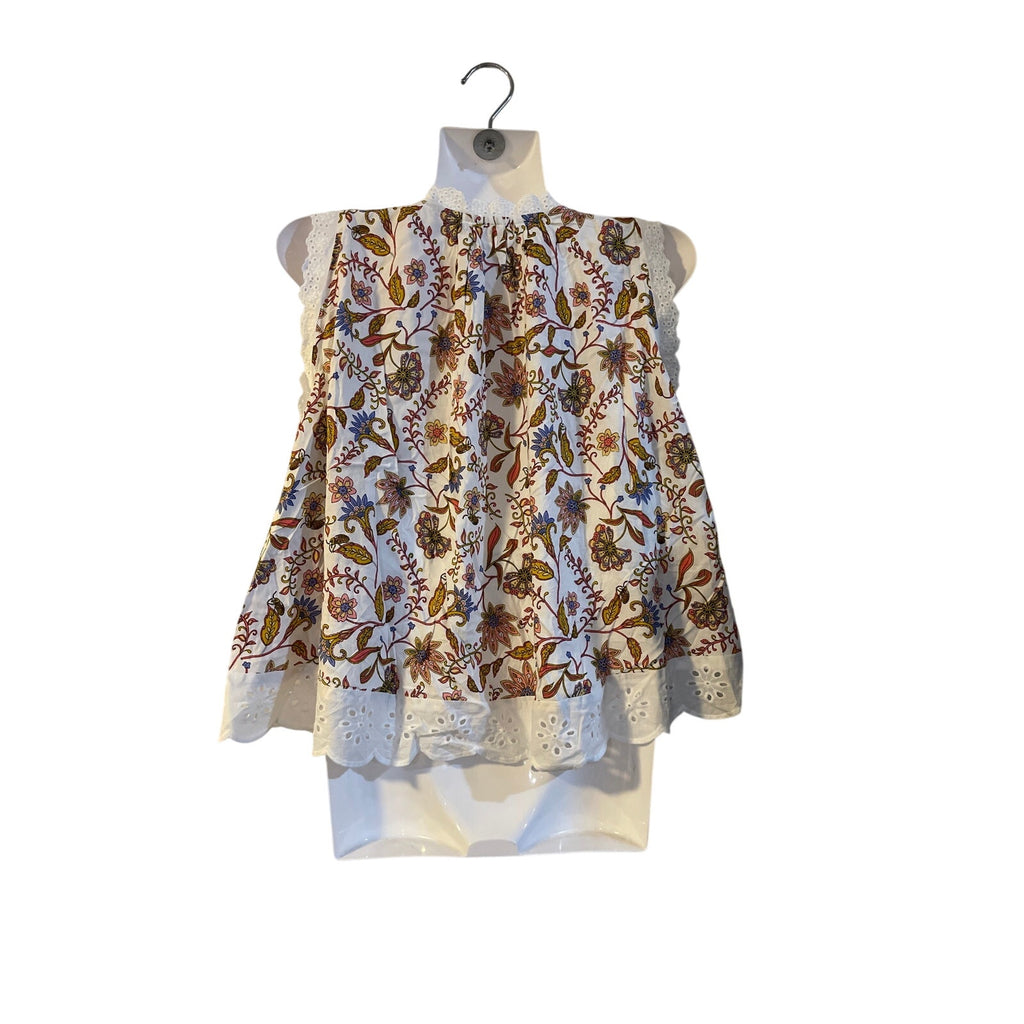 Teddy + Rose Cleo Breezy Eyelet Trim Floral Sleeveless Top SZ XS Boho Artsy