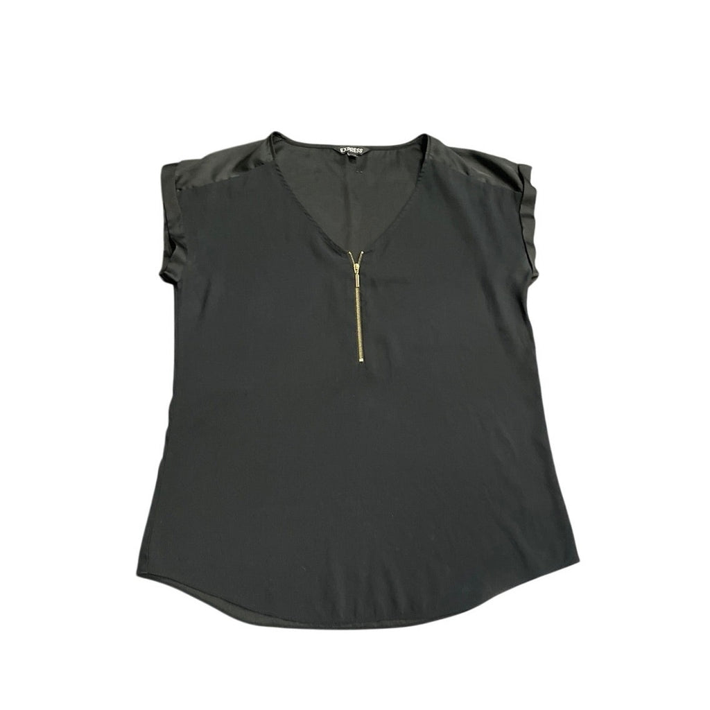 Express Short Sleeve V-Neck Gold Zipper Satin Blouse Large Elegant Office Chic