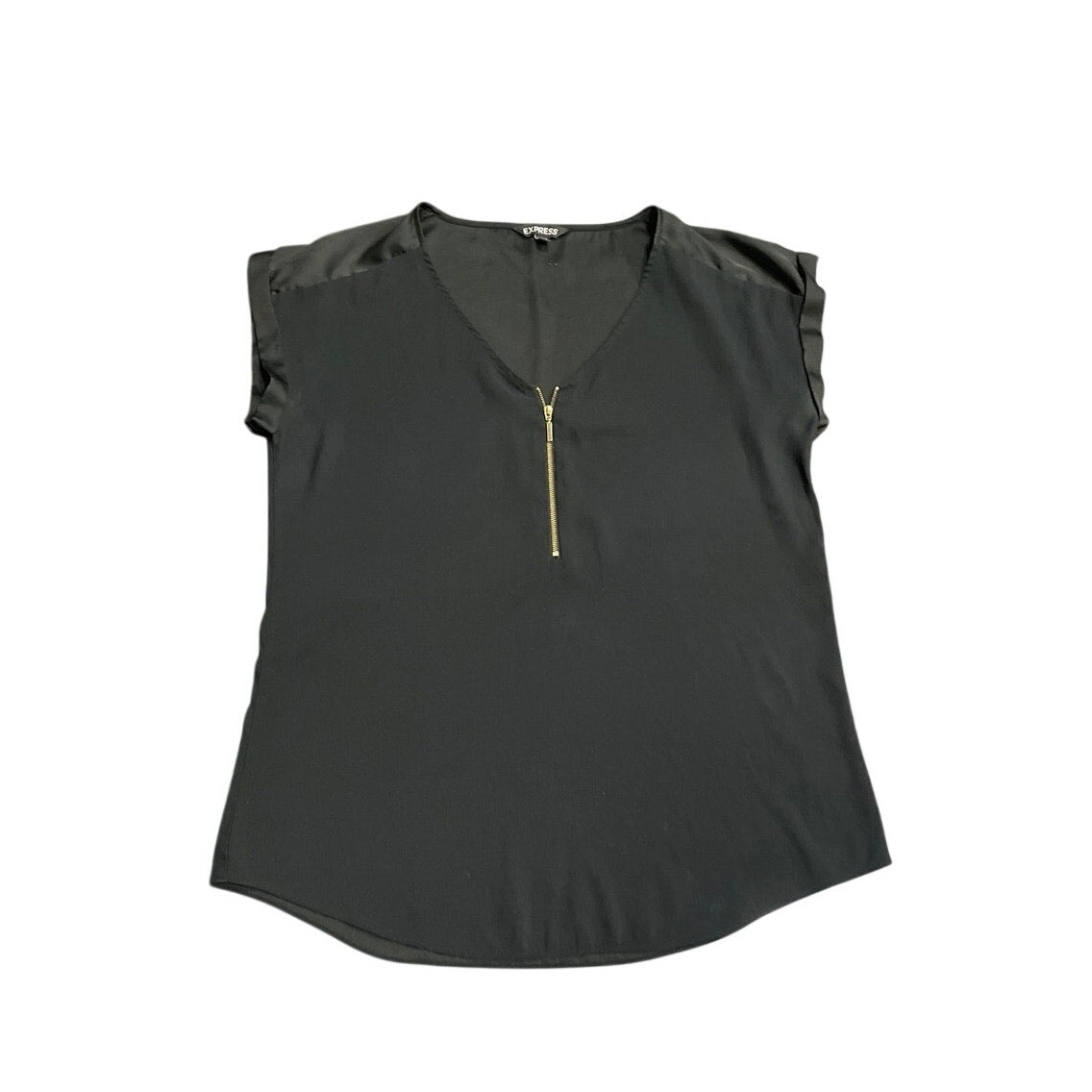 Express Short Sleeve V-Neck Gold Zipper Satin Blouse Large Elegant Office Chic
