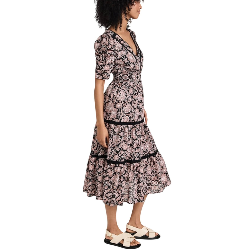 BB Dakota Steve Madden Boho Next Door Tiered Midi Dress Large Smoked Waist Lace