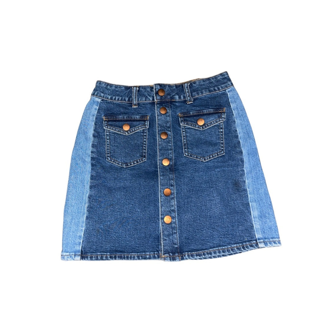 Madewell Stretch Denim Button Pocket Mini Skirt Pieced Edition 2 tone