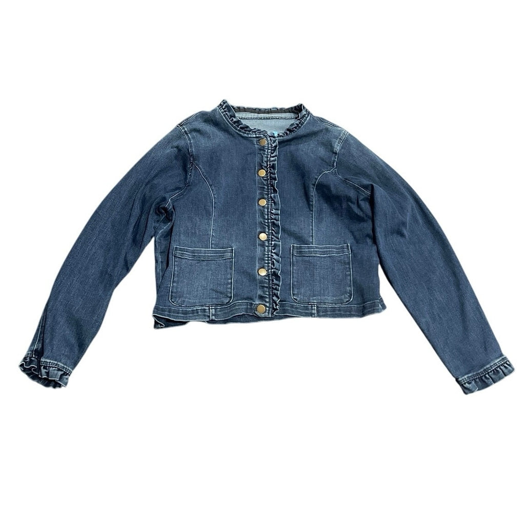 Draper James Collarless Neckline Button Front Ruffle Denim Jacket SZ XXL Chic