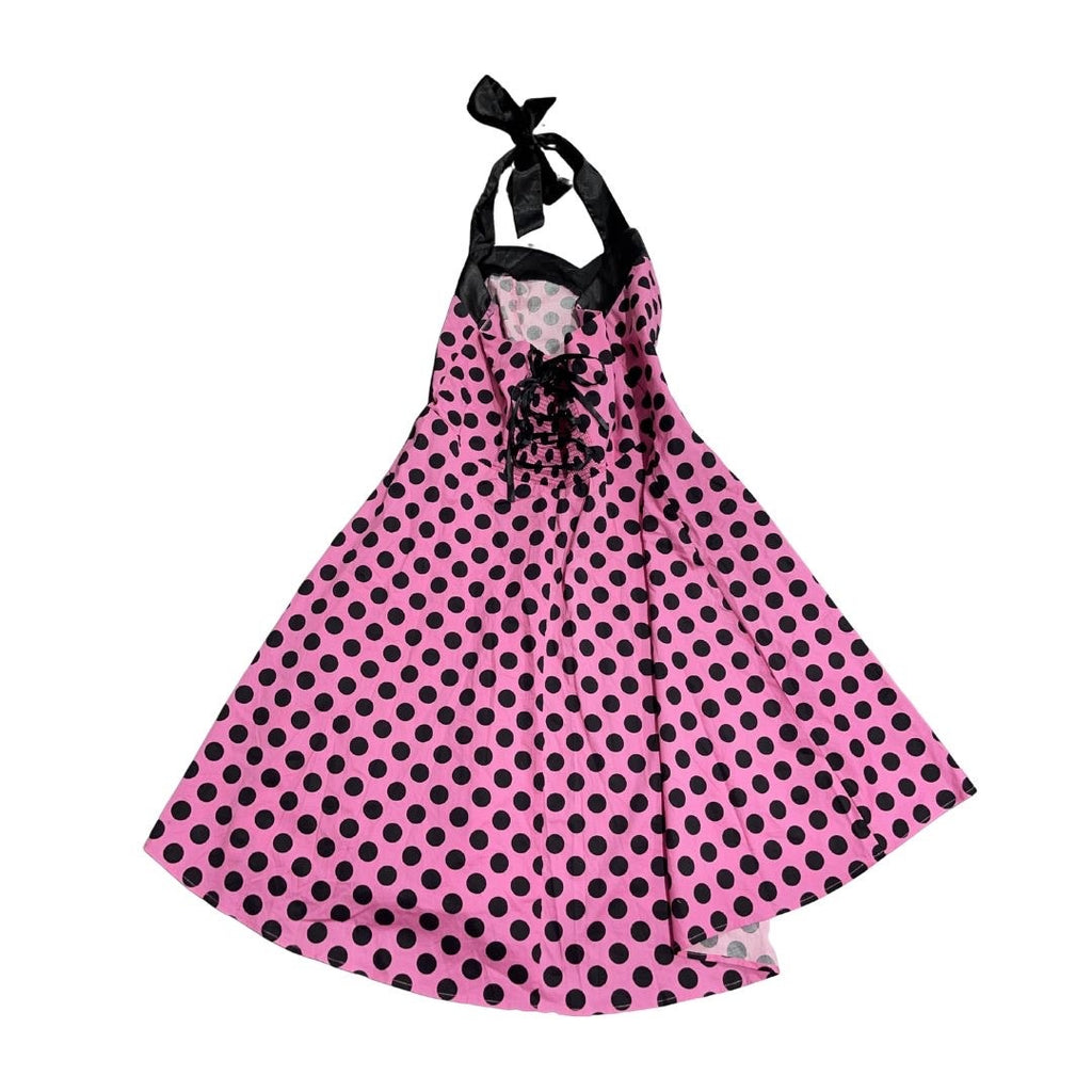 Dress Tells Rockabilly Halter Dress Pink & Black Polkadots Retro Pinup Swing