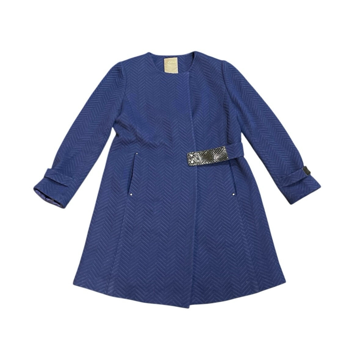 Celeb Kim Young Joo Navy Blue Herringbone Collarless Coat SZ 10 Korean Designer