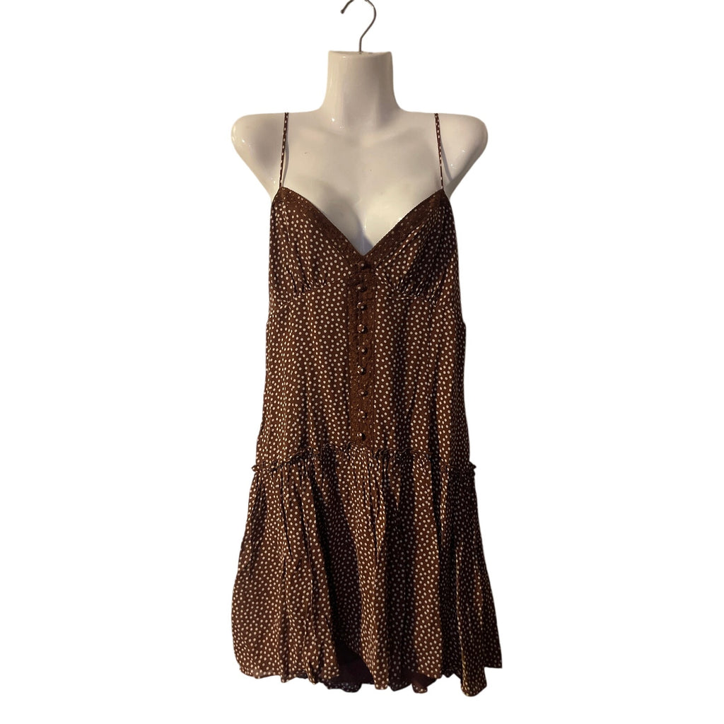 Reformation Citrus Brown Polka Dot Lace Trim Minidress 12 NWT Smoked Back Flirty