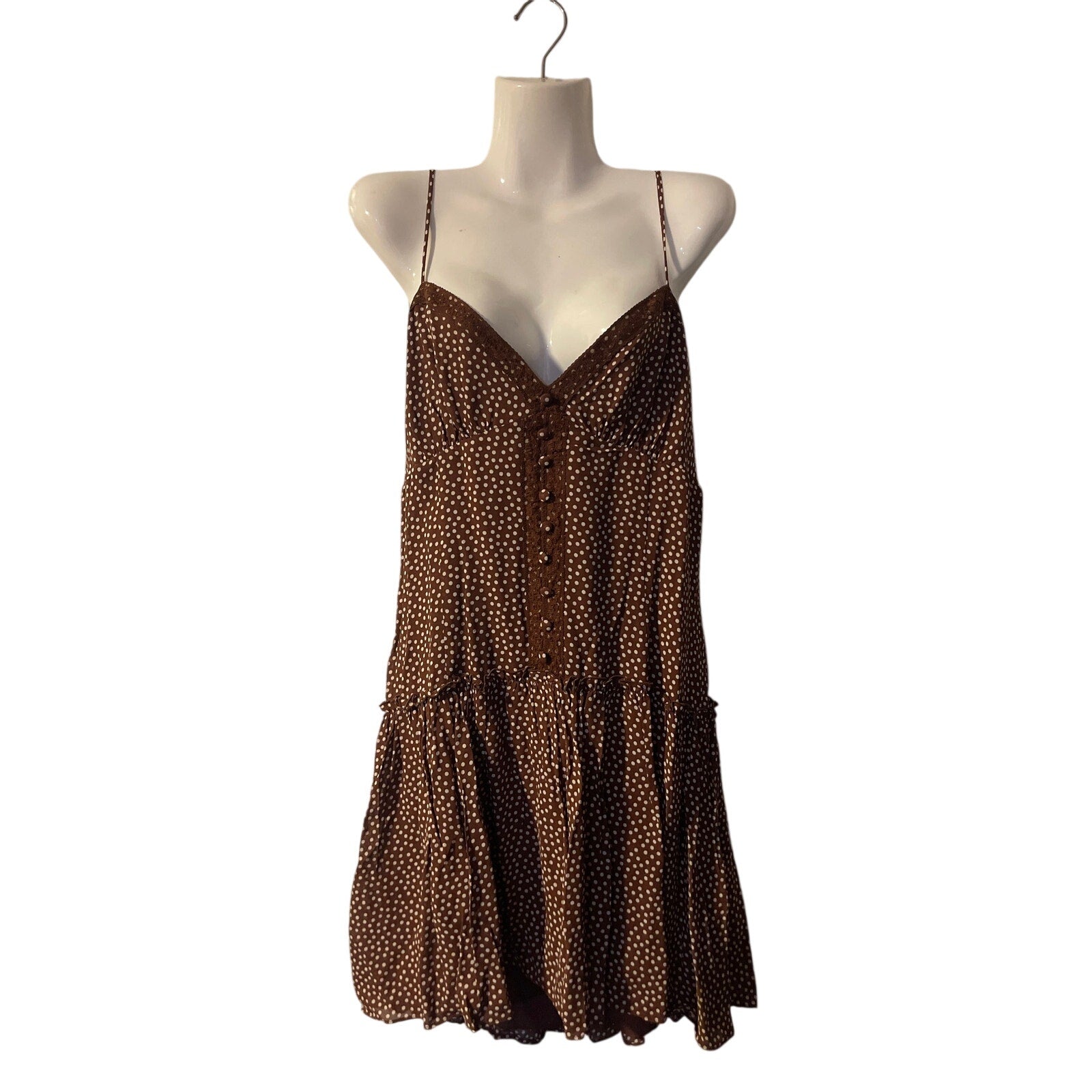 Reformation Citrus Brown Polka Dot Lace Trim Minidress 12 NWT Smoked Back Flirty
