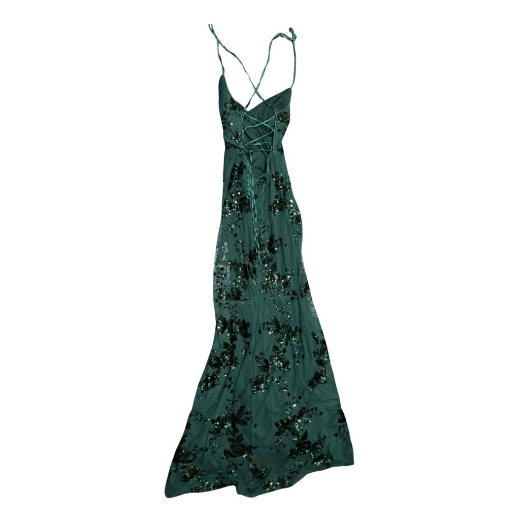 Lulus Valhalla Forest Green Sequin Lace-up Maxi Dress Small Formal Wedding Prom
