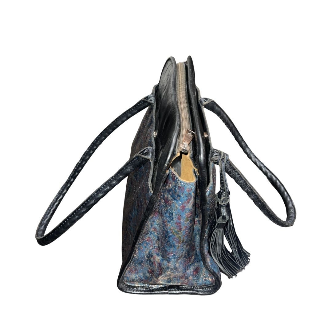 Patricia Nash Leather Shoulder Bag Metallic Blue Kimono Tapestry Tassel Artsy