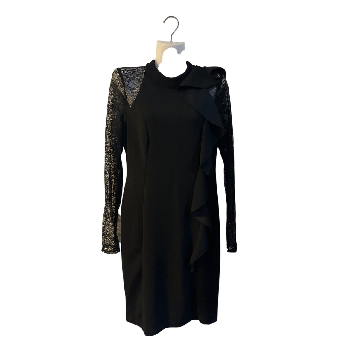 Bebe Black Cocktail Sheath Dress Sheer Floral Lace Long Sleeves SZ 8 Party Chic