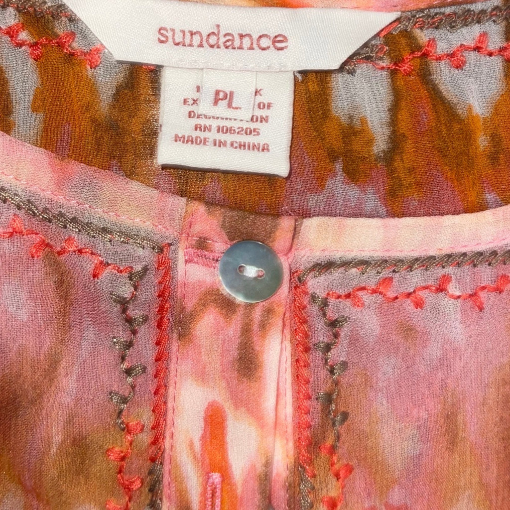 Sundance Women's 100% Silk Blouse Orange Pink Tie-Dye Boho Top Size PL