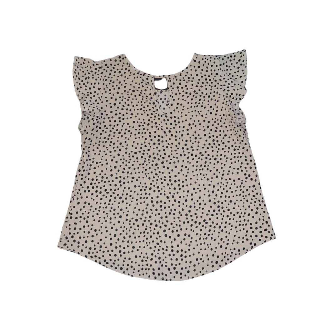 Papermoon Tan and Black Polka Dot Blouse Size Large Flutter Sleeves Chic Office