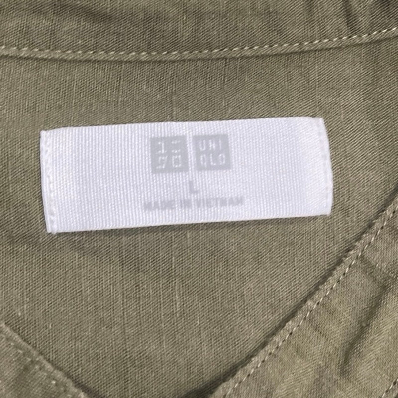UNIQLO Premium Linen Stand Collar Long Sleeve Olive SZ L Casual Relaxed Fit