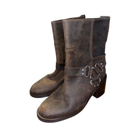 Zara Block Heeled Leather Mid Calf Round toe Boots Bucket Western Rider Biker Size 8 NWT