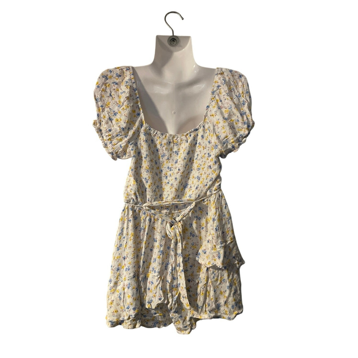 Altar'd State Boho Floral Romper Smoked Ruched Bodice Short Puff Sleeves Flirty