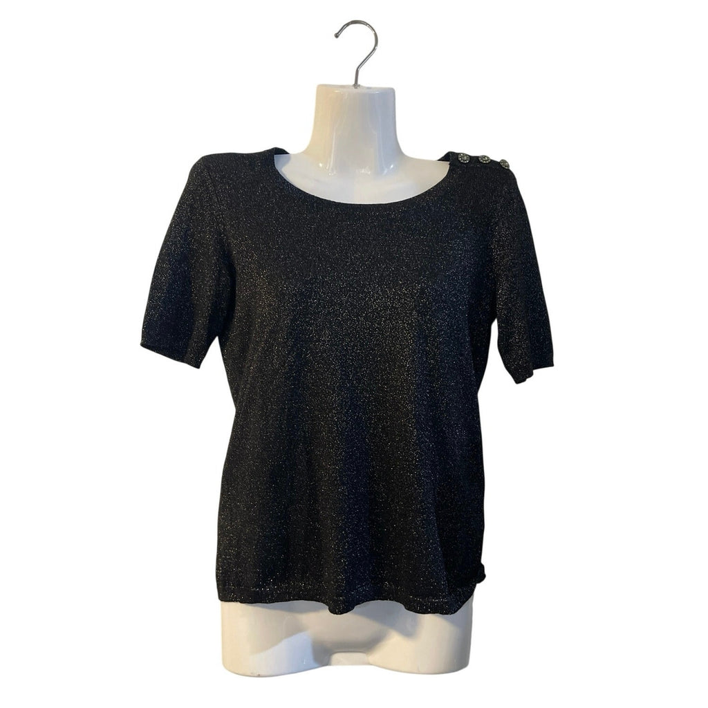Talbots Button Shoulder Shimmer Short Sleeve Top SZ P Sparkling Dressy Holiday