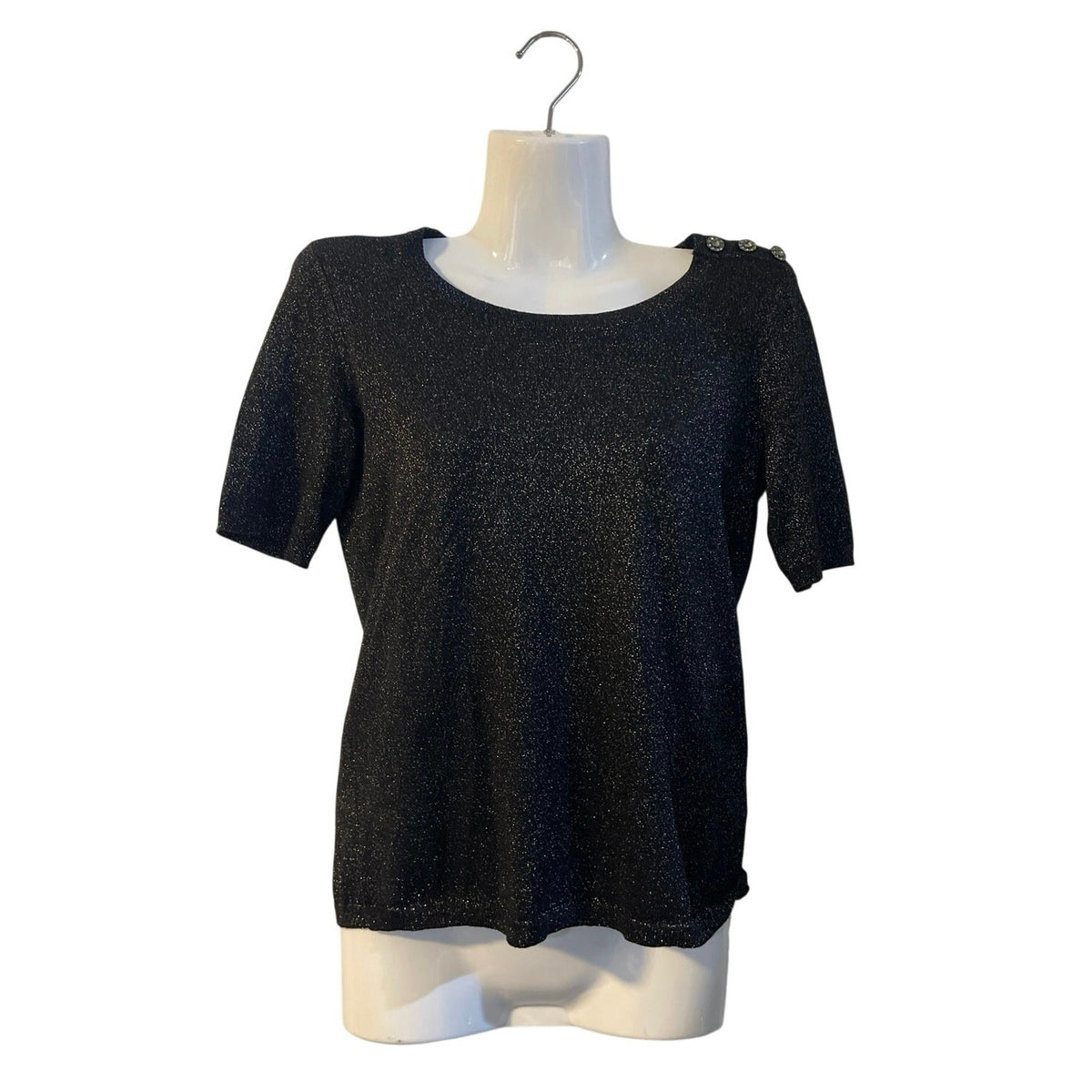 Talbots Button Shoulder Shimmer Short Sleeve Top SZ P Sparkling Dressy Holiday