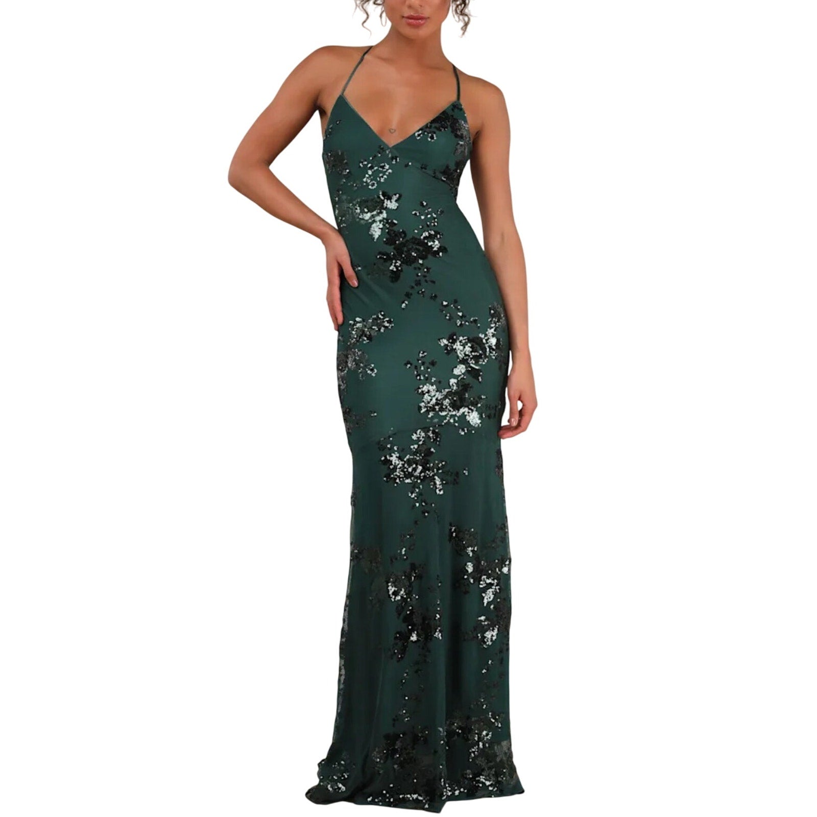 Lulus Valhalla Forest Green Sequin Lace-up Maxi Dress Small Formal Wedding Prom