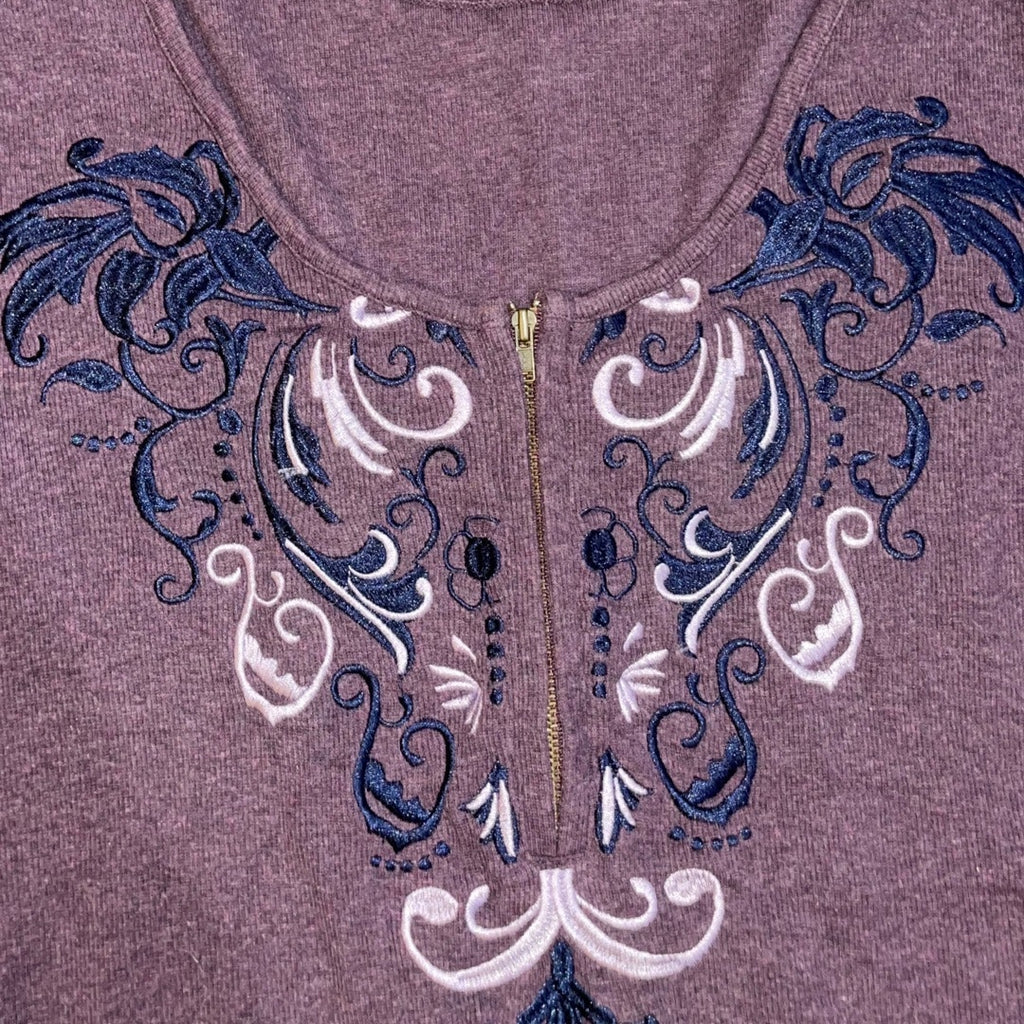 Soft Surroundings Embroidered Half Zip Ribbed Long Sleeve Blouse Plus 1X Boho