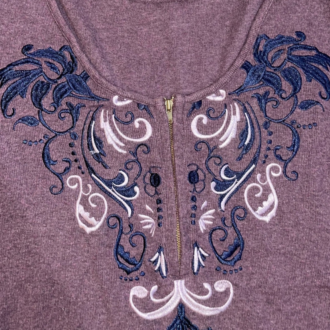 Soft Surroundings Embroidered Half Zip Ribbed Long Sleeve Blouse Plus 1X Boho