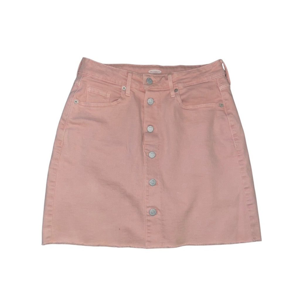 Old Navy Pink Denim Skirt Jean Button Front Mini Fray Hem Size Small Y2K Preppy