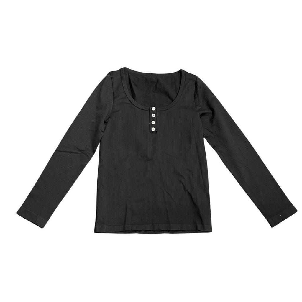 OQQ Long Sleeve Ribbed Henley Spandex Shirt Size Medium Athletic Sporty Chic