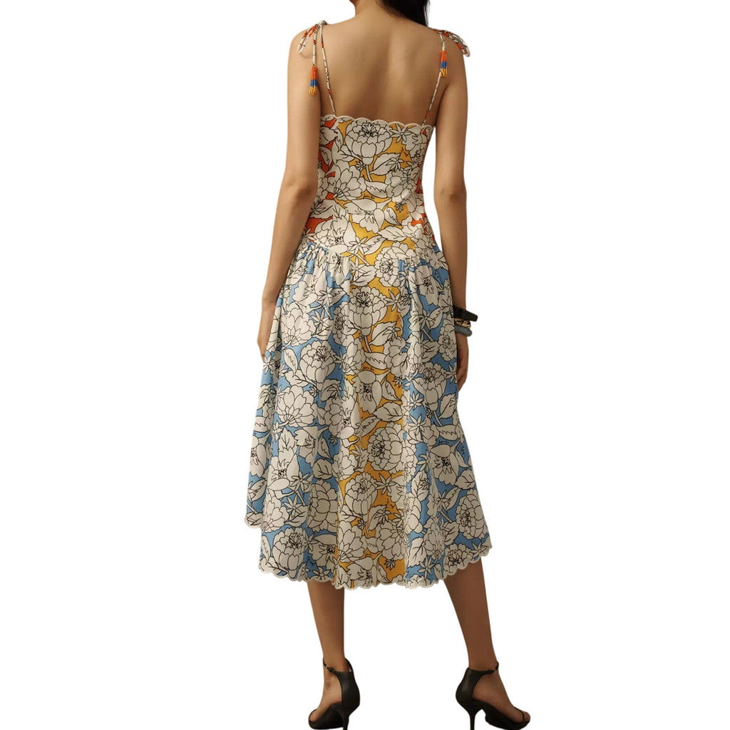 Farm Rio x Anthropologie Basque-Waist Midi Dress Size Large Tie Straps Fit Flare