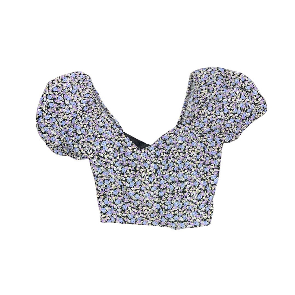 Forever 21 Floral Crop Top Ruched Back Tie Puff Sleeves Size Small Y2K