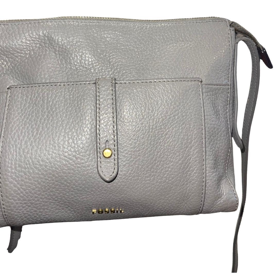 Fossil Jenna Top Zip Gray Pebbled Leather Crossbody Handbag Purse