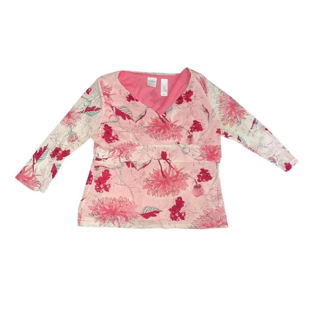 Emma James Women's Pink Floral V-neck 3/4 Sleeve Top Blouse Size XL Y2K