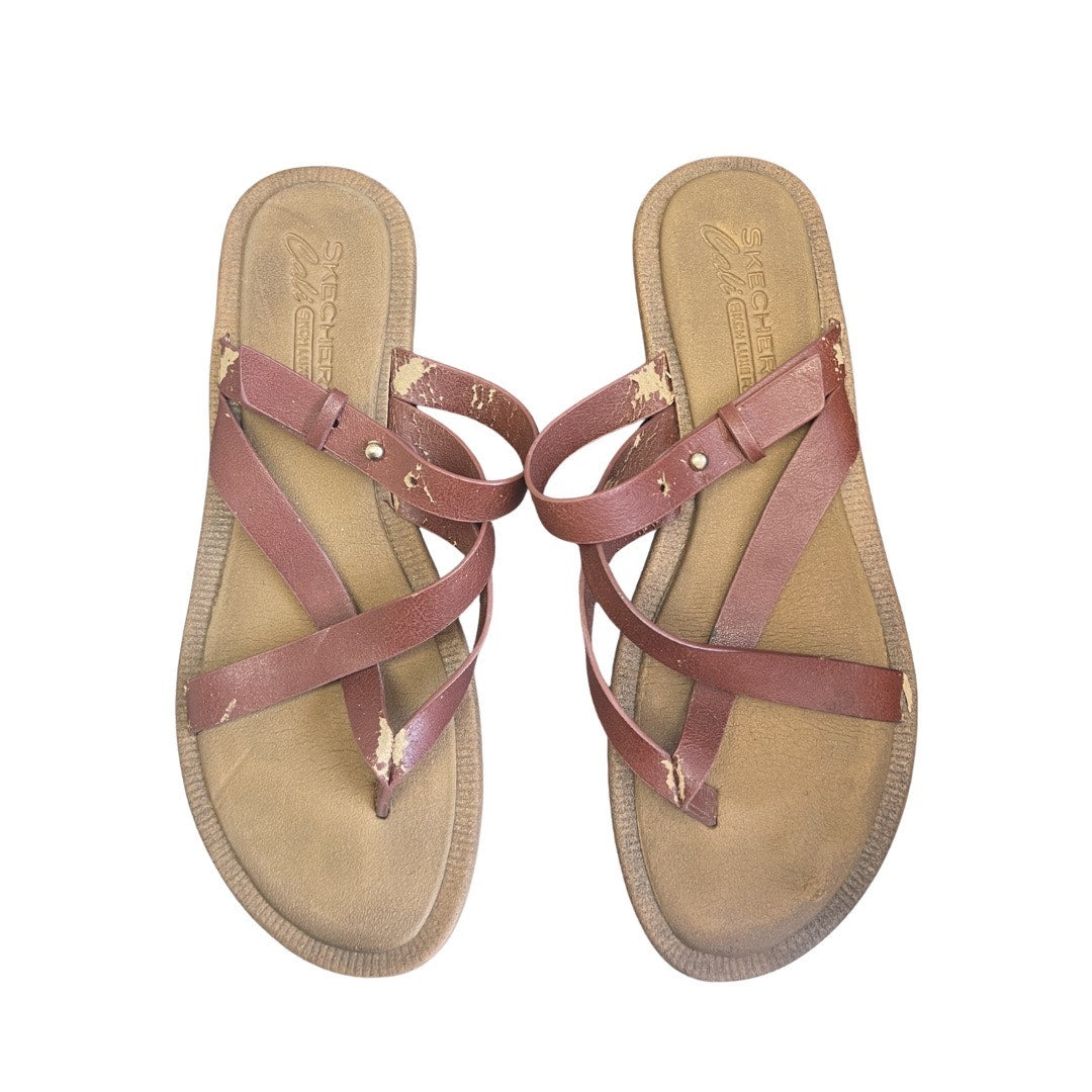 Skechers Cali Thong Brown Leather Women Strappy sandals Skch Luxe Foam Flaw