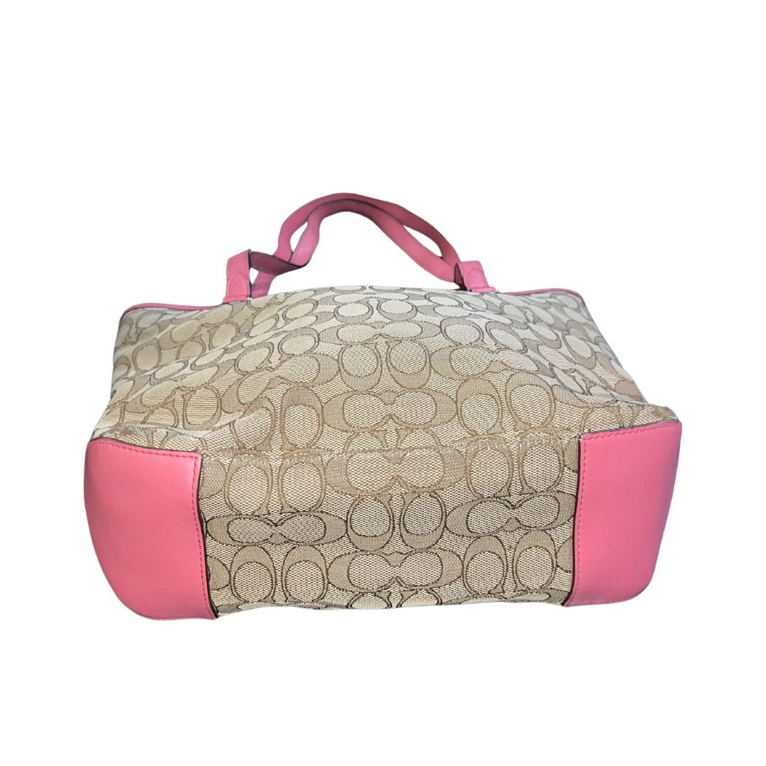 Coach Outline Signature Zip Top Tote Shoulder Bag Pink Leather Trim F58282 Y2K