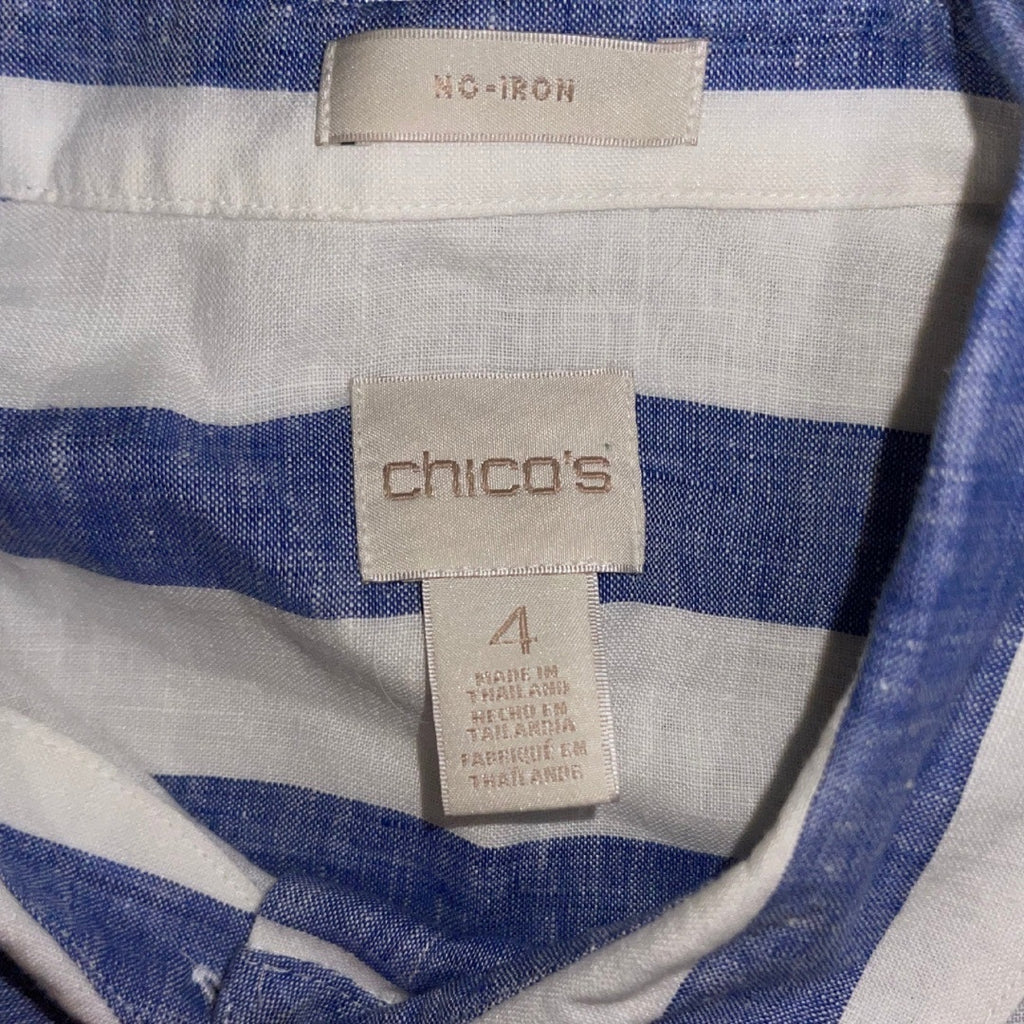 Chico's 100% Linen Women Button up Blue White Stripe 3/4 Sleeve Nautical Size XXL