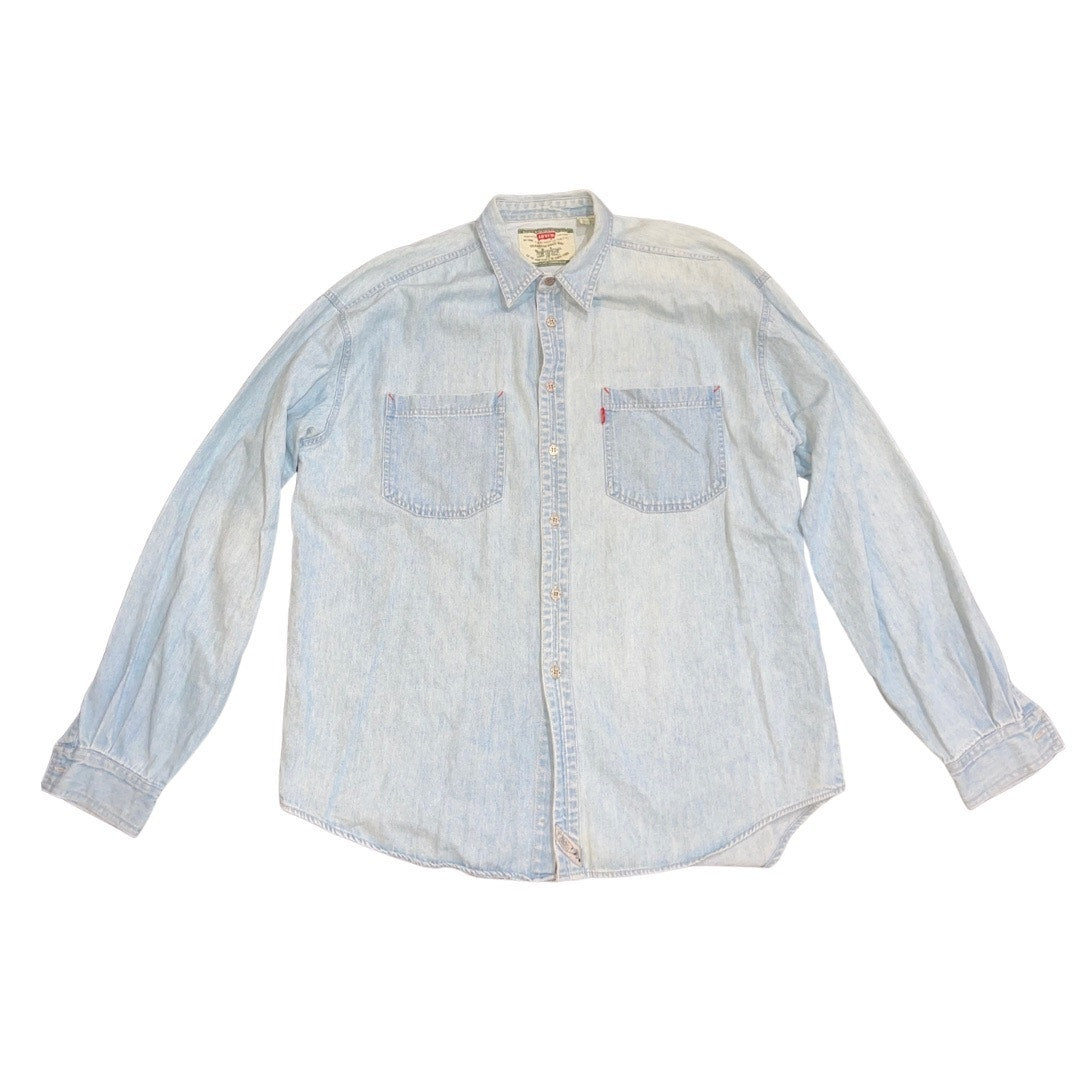 Vintage Levi's Mens Green Two Horse Brand Denim Button Shirt Size Large Western