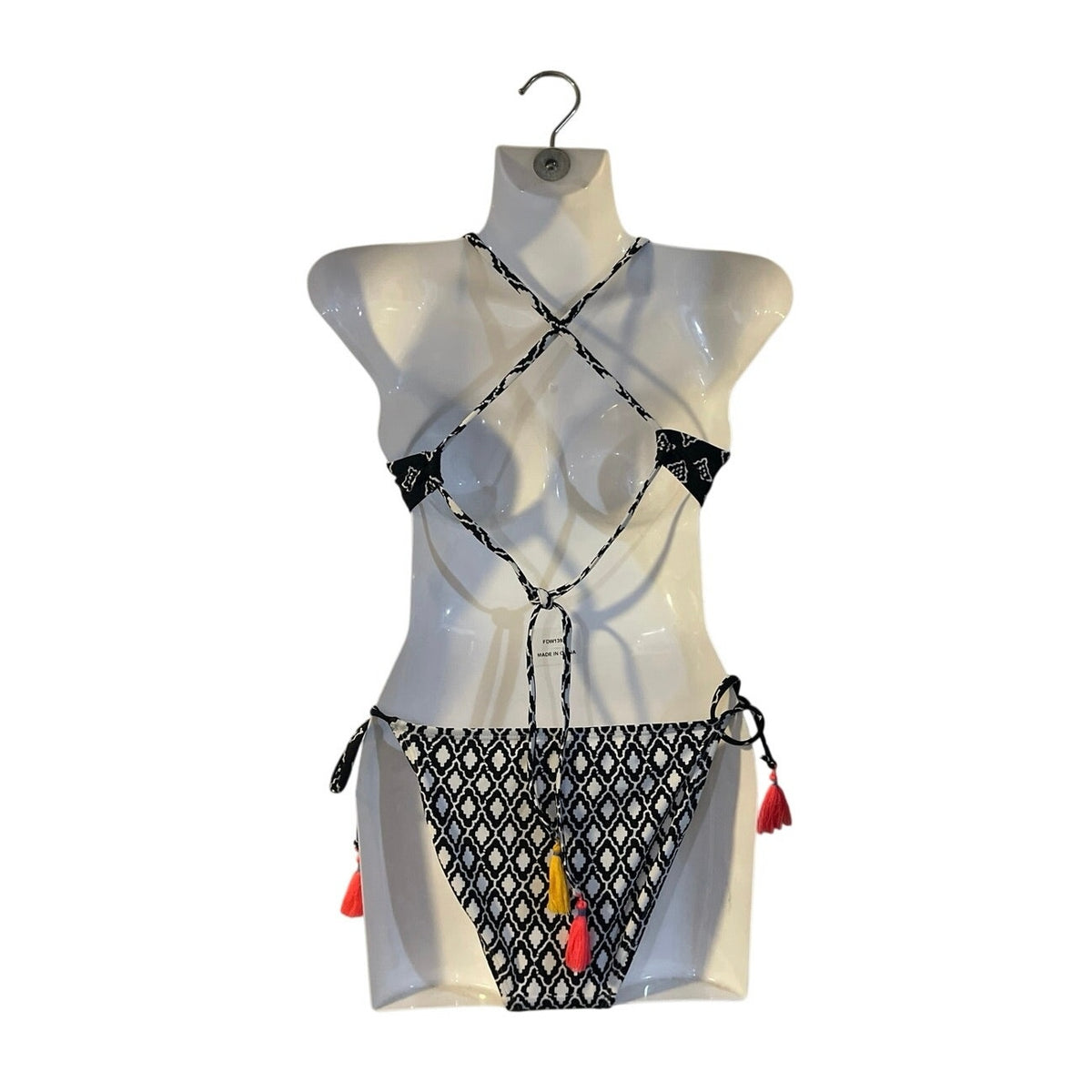 Xhilaration Crochet Black White Tassel String Bikini Set SZ XS Swimwear Beach