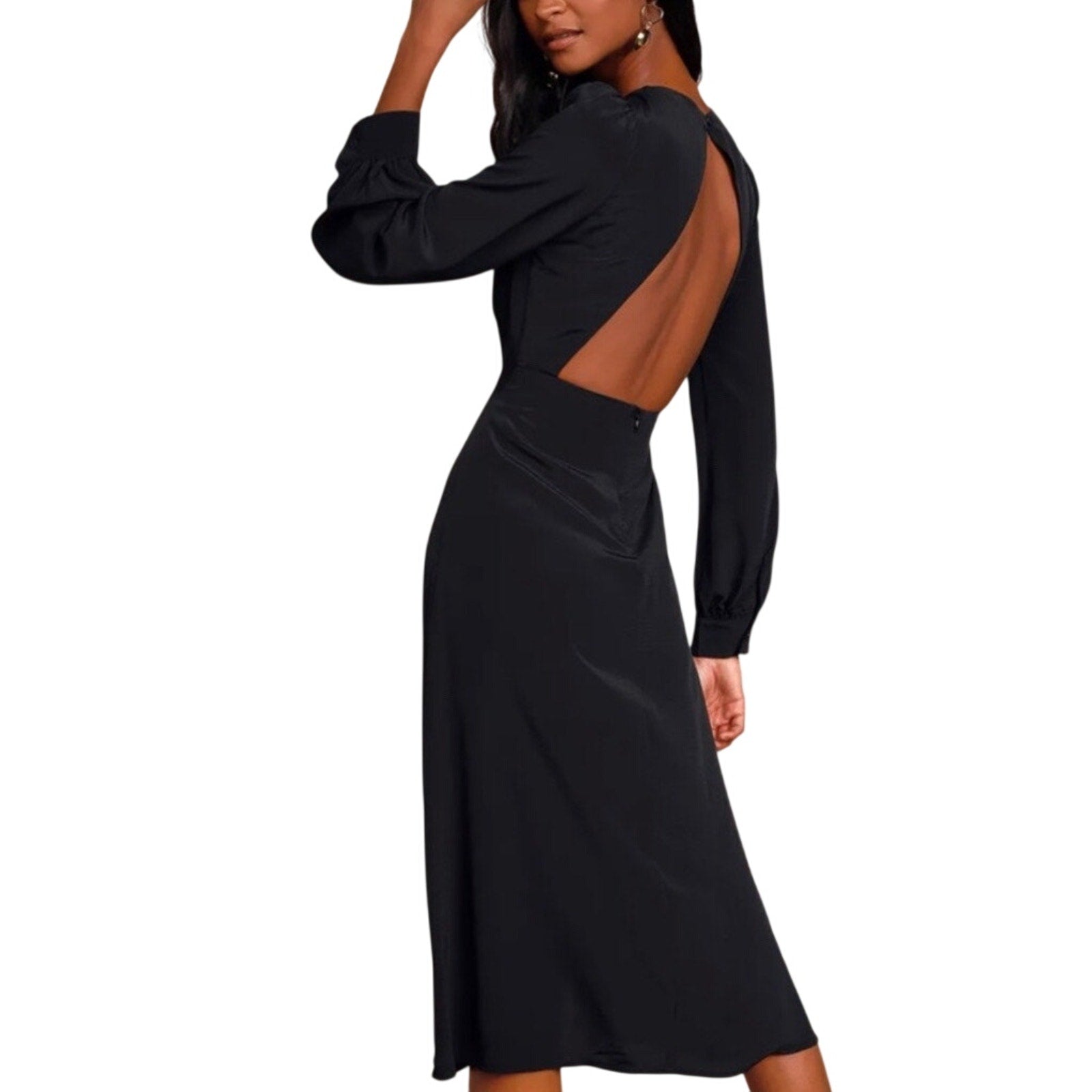 Blue Blush Long Sleeve Slit Midi Dress Size Large Back cut out Special Occasion