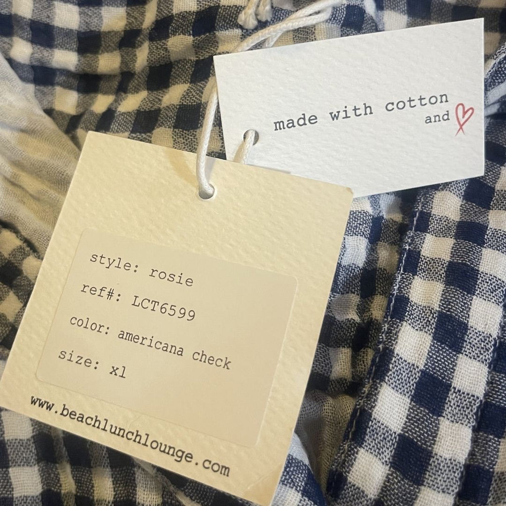 NWT Beachlunchlounge Rosie navy white gingham button down shirt Tie front waist