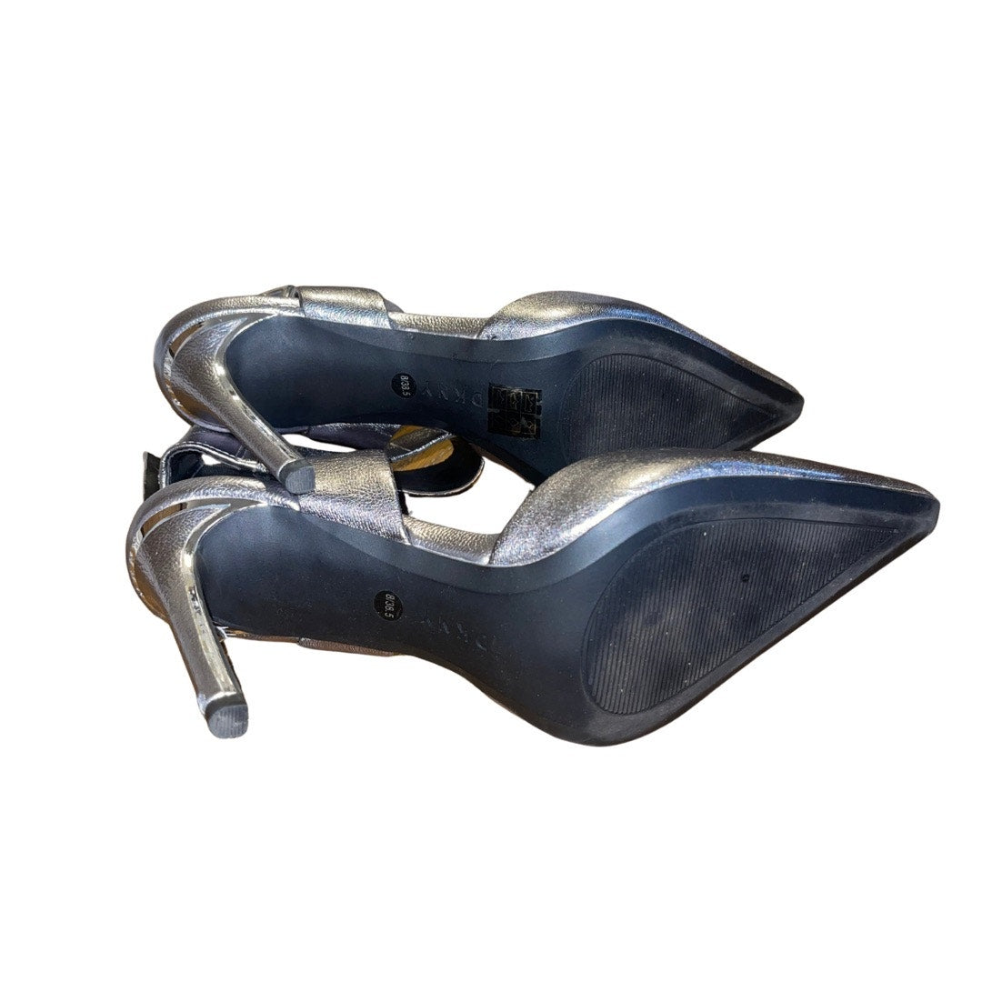 DKNY Belka Pointed Toe Pump Metallic Pewter Size 8 Ankle Strap 3.5 Stiletto Heel