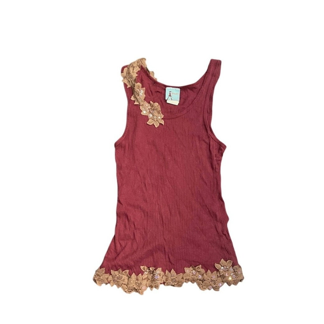 Vintage Y2K Damsel Sequin Lace Trim Ribbed Burgundy Tank Top SZ S Fairy Grunge