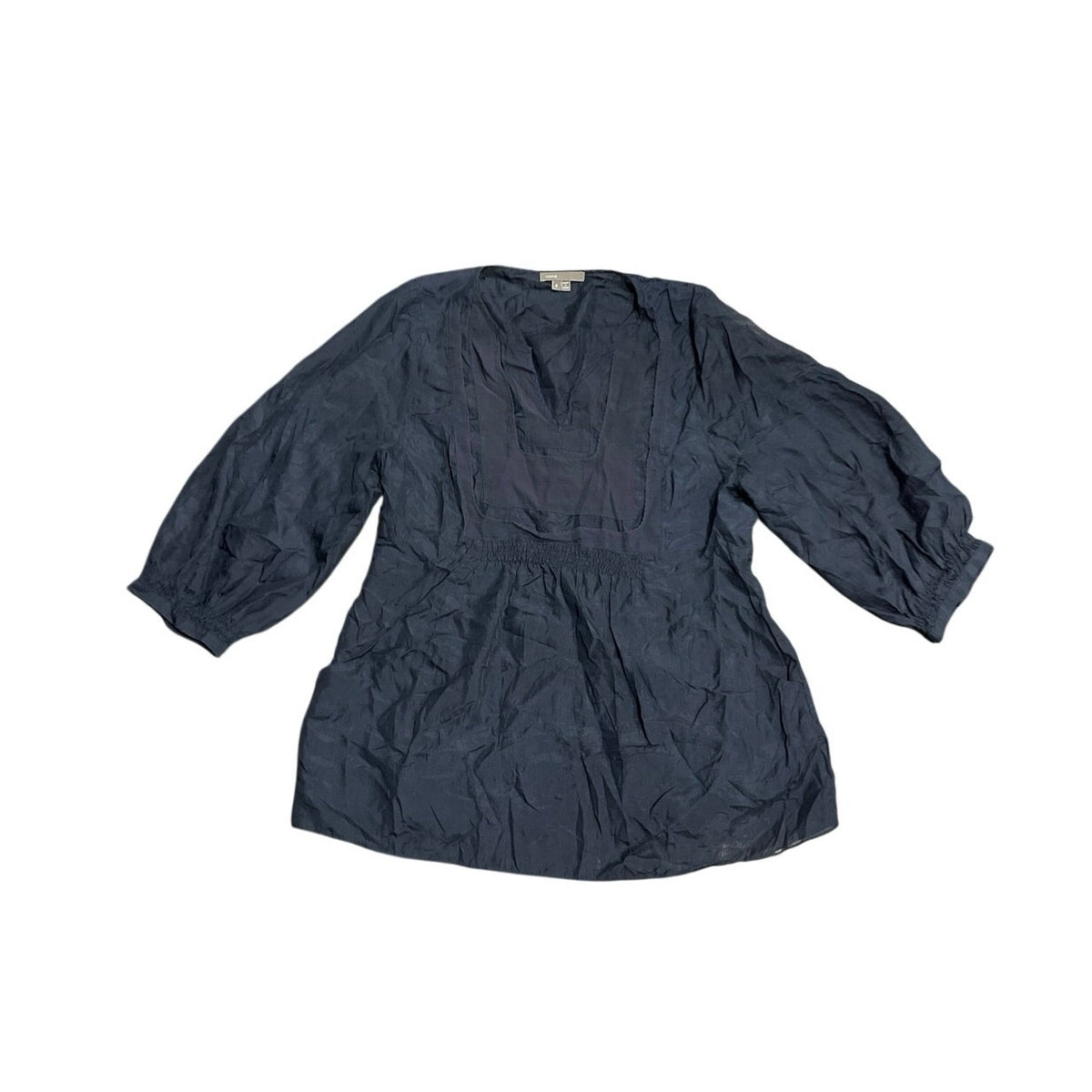 Vince Navy Blue Silk Popover Blouse SZ S 3/4 Sleeves Pockets Quiet Luxury
