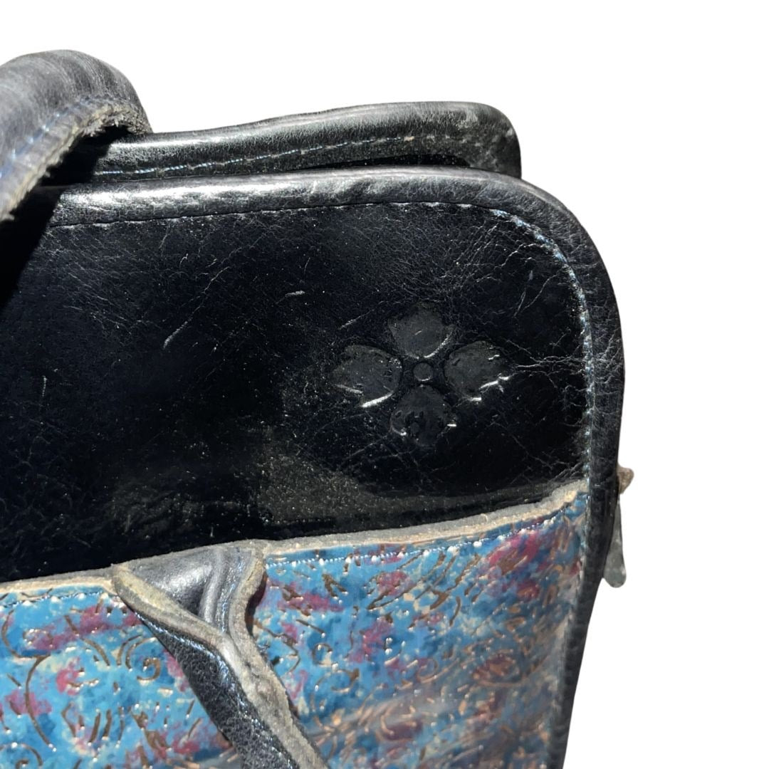 Patricia Nash Leather Shoulder Bag Metallic Blue Kimono Tapestry Tassel Artsy