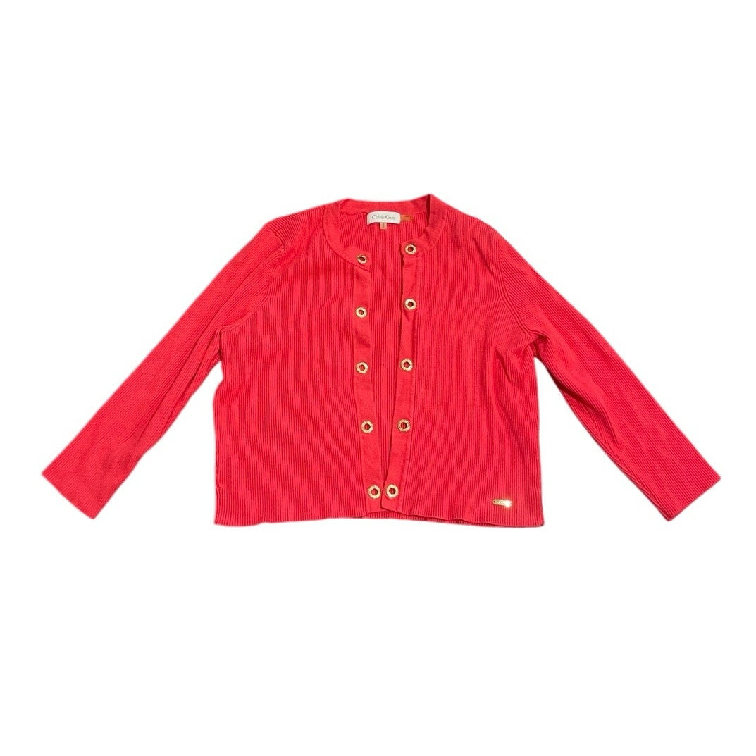 Calvin Klein Red Ribbed Open Front Cardigan Sweater SZ M Career Office Holiday
