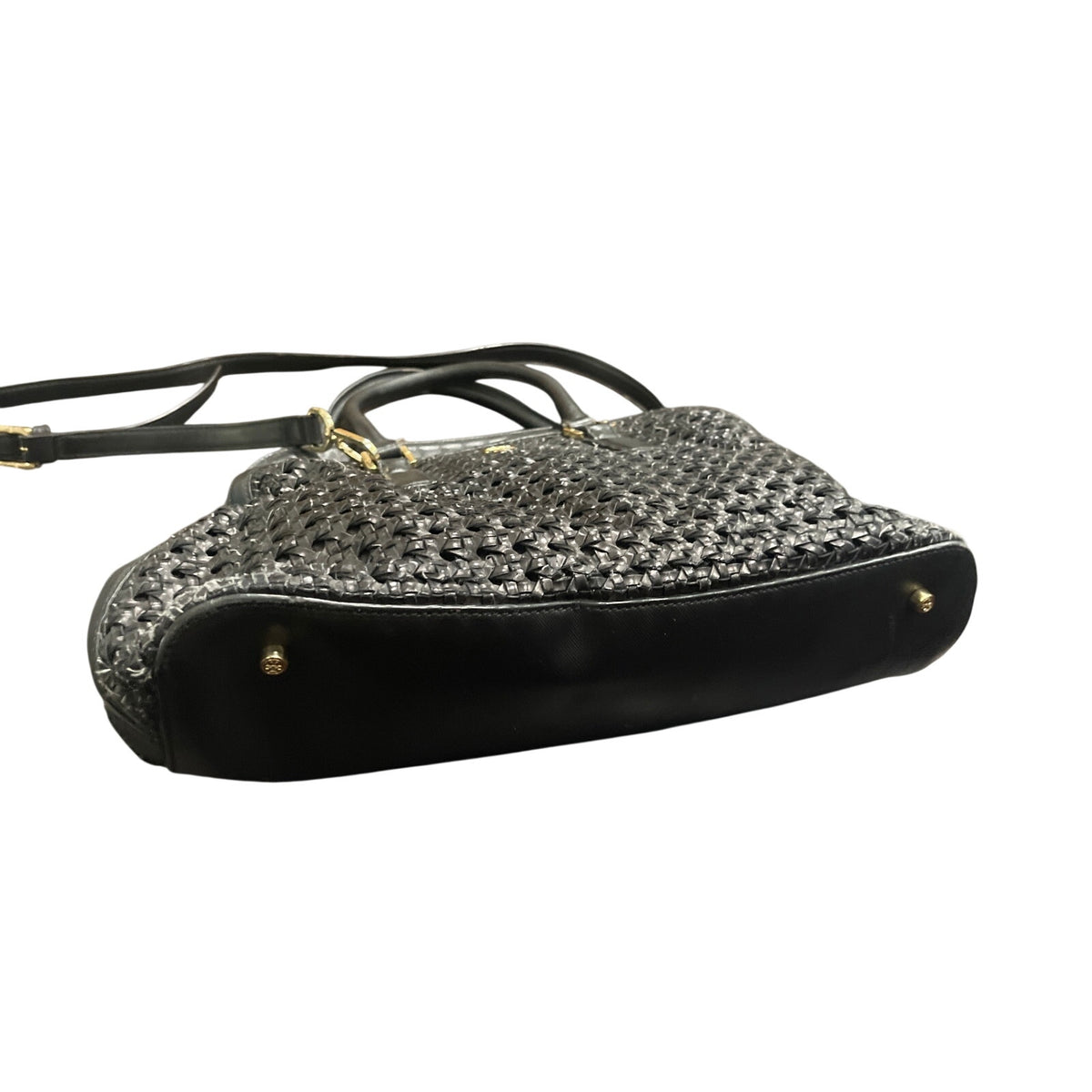 Tory Burch Logo Robinson Black Basket Woven Leather Satchel Tote Handbag Classic
