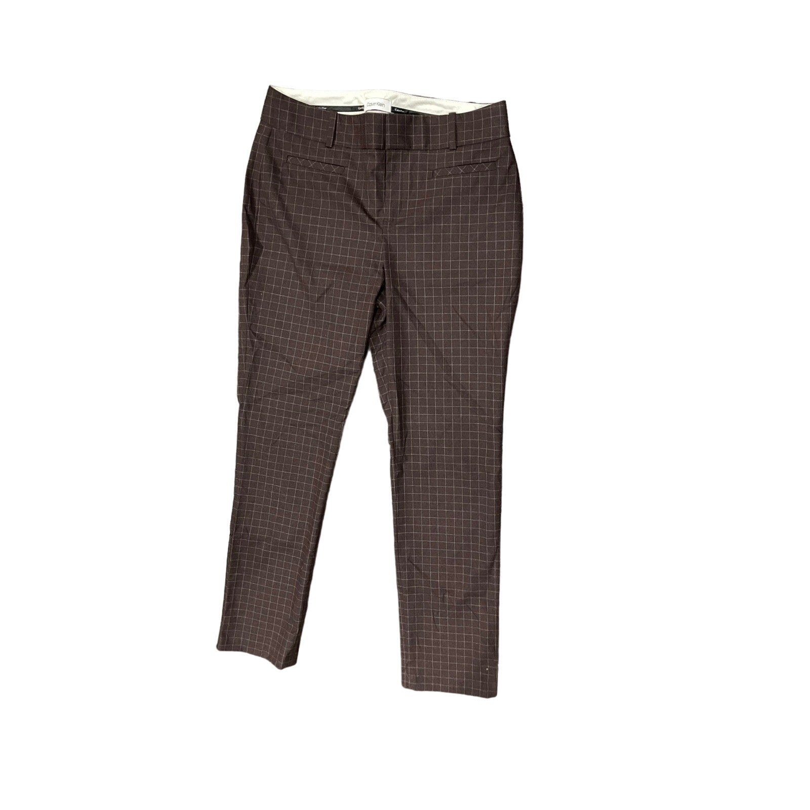 Calvin Klein Women Brown Plaid Trousers Slacks Straight Leg Size 8 Career Office