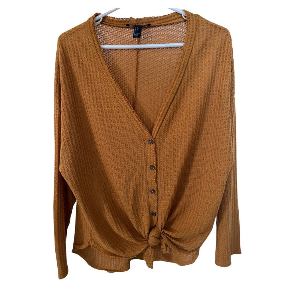Forever 21 waffle v-neck button up tie blouse top Size Small Casual oversized