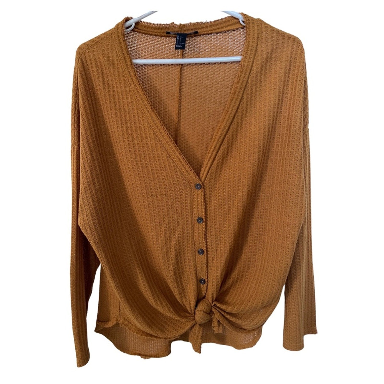 Forever 21 waffle v-neck button up tie blouse top Size Small Casual oversized