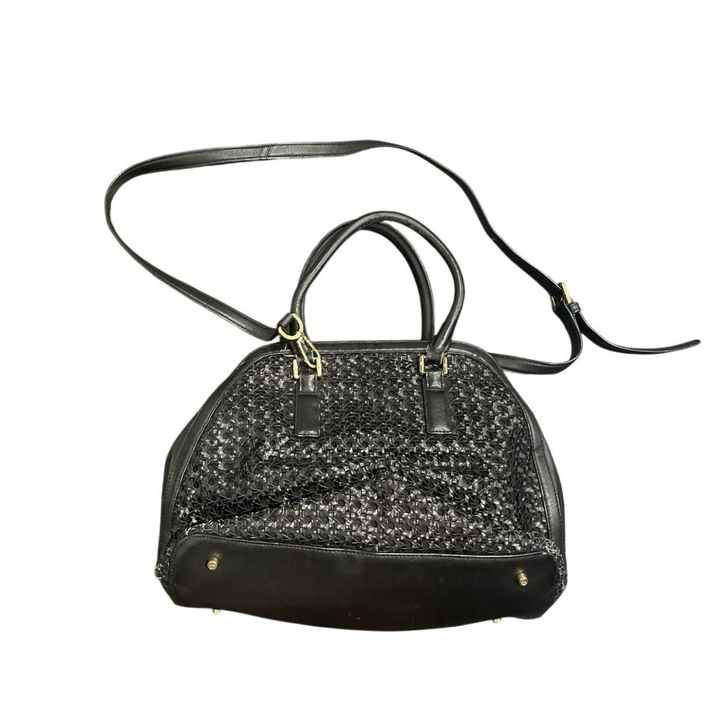 Tory Burch Logo Robinson Black Basket Woven Leather Satchel Tote Handbag Classic